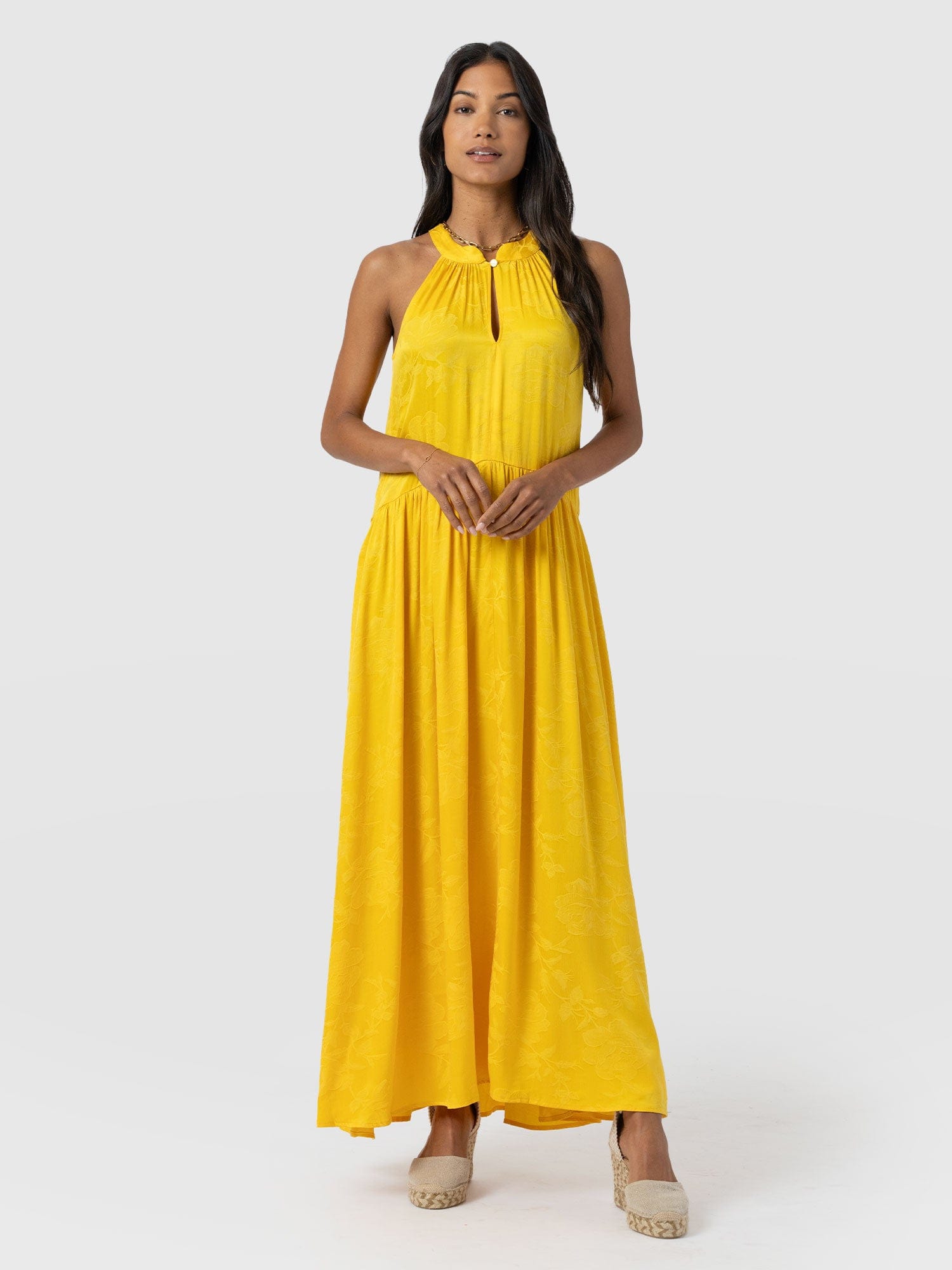 Zoey Halter Neck Dress - Yellow Jacquard